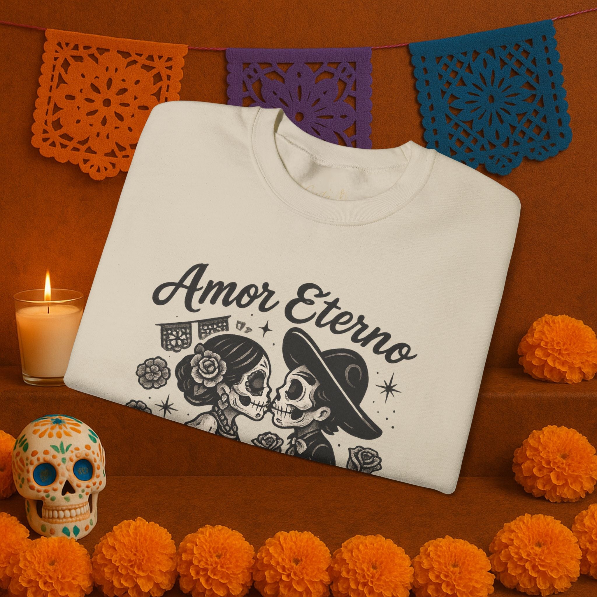 Amor Eterno Sweatshirt – Chicano Style Día de los Muertos Crewneck, Eternal Love Calavera Graphic, Latino Cultura Sweater