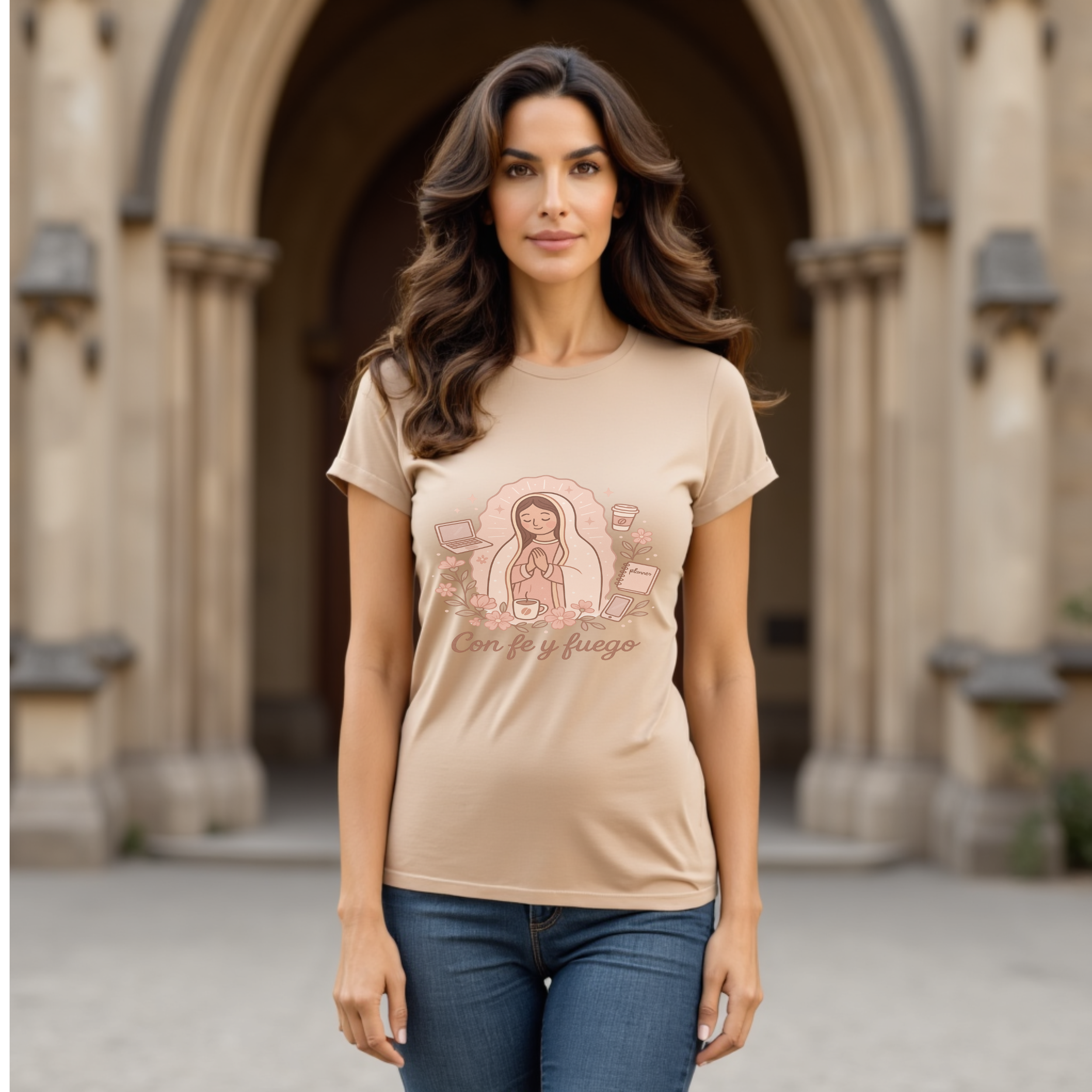 Con Fe y Fuego T-Shirt – Virgen Inspired Graphic Tee, Spiritual Faith Shirt, Latina Religious Unisex Top