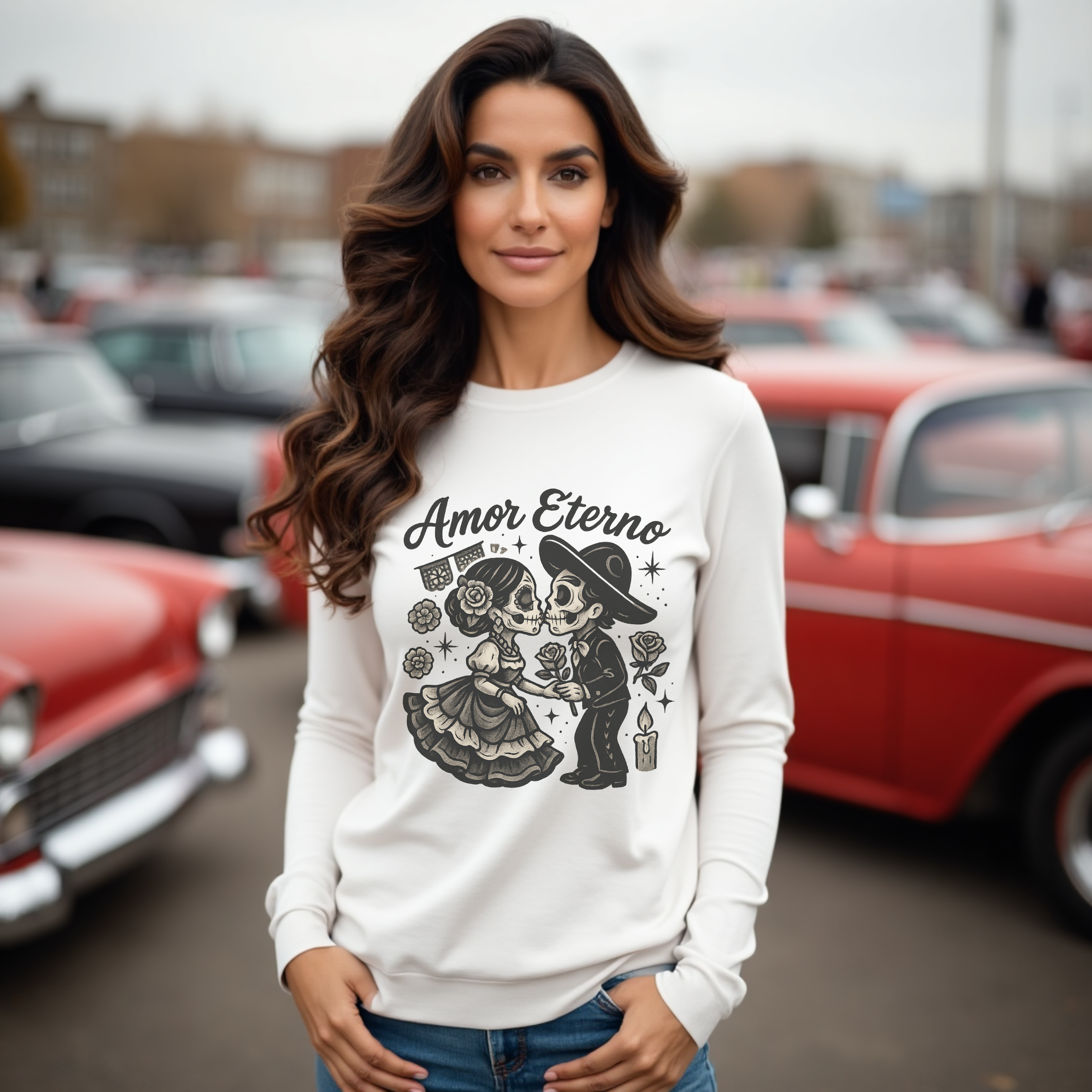 Amor Eterno Sweatshirt – Chicano Style Día de los Muertos Crewneck, Eternal Love Calavera Graphic, Latino Cultura Sweater