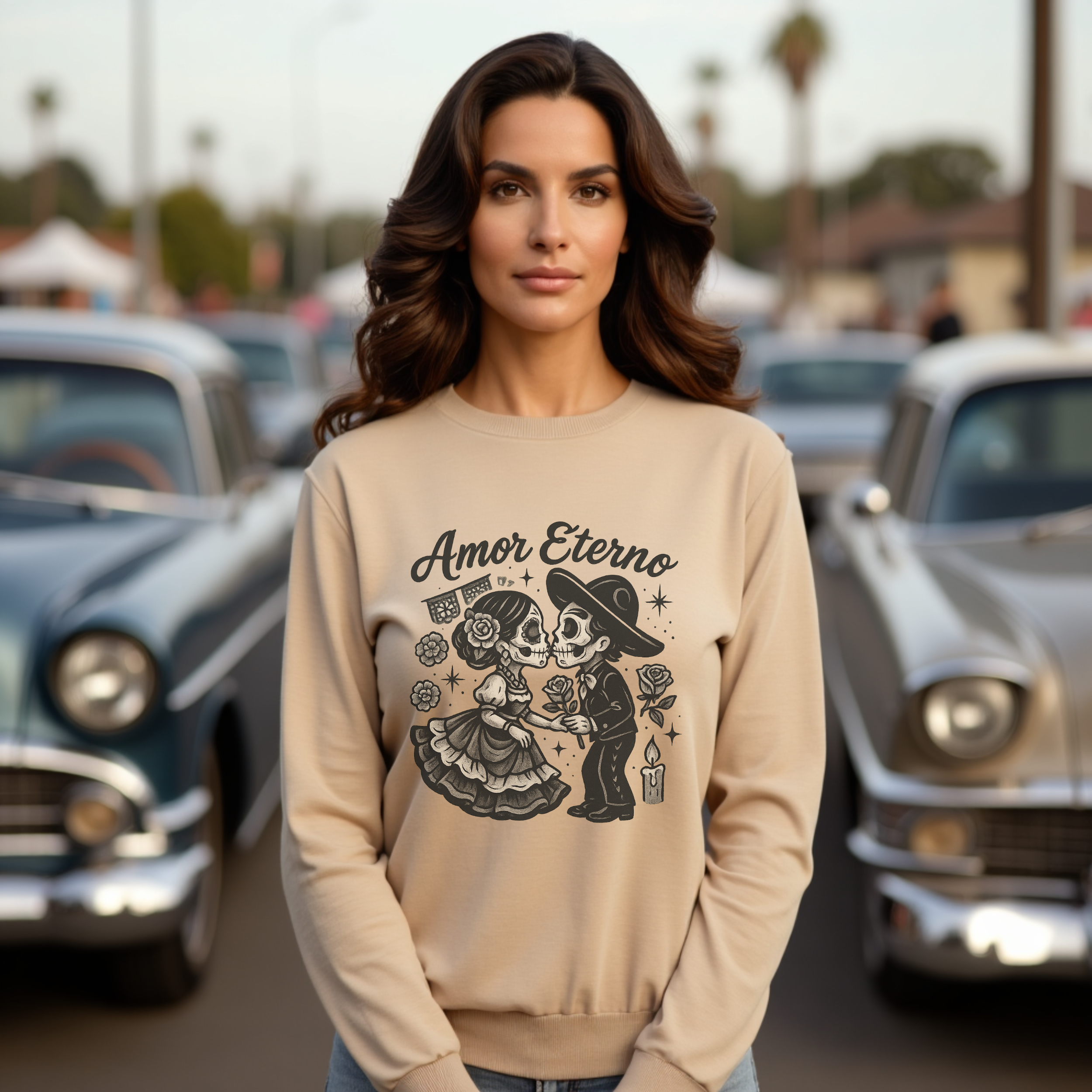 Amor Eterno Sweatshirt – Chicano Style Día de los Muertos Crewneck, Eternal Love Calavera Graphic, Latino Cultura Sweater