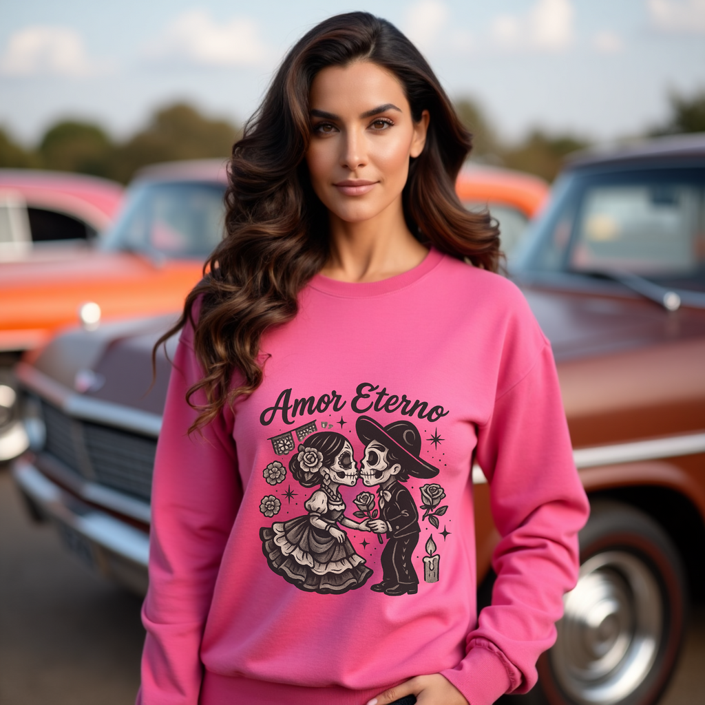 Amor Eterno Sweatshirt – Chicano Style Día de los Muertos Crewneck, Eternal Love Calavera Graphic, Latino Cultura Sweater