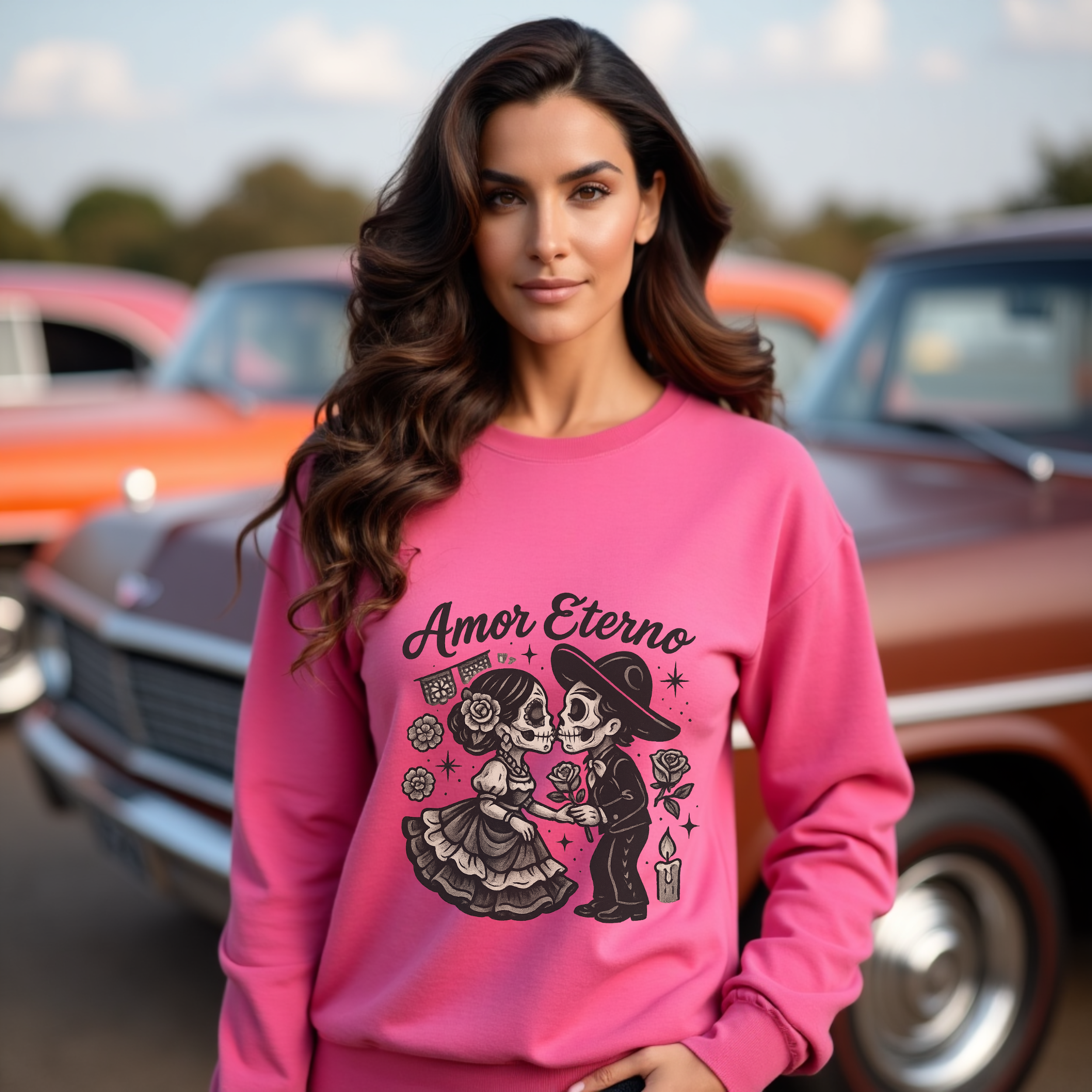 Amor Eterno Sweatshirt – Chicano Style Día de los Muertos Crewneck, Eternal Love Calavera Graphic, Latino Cultura Sweater