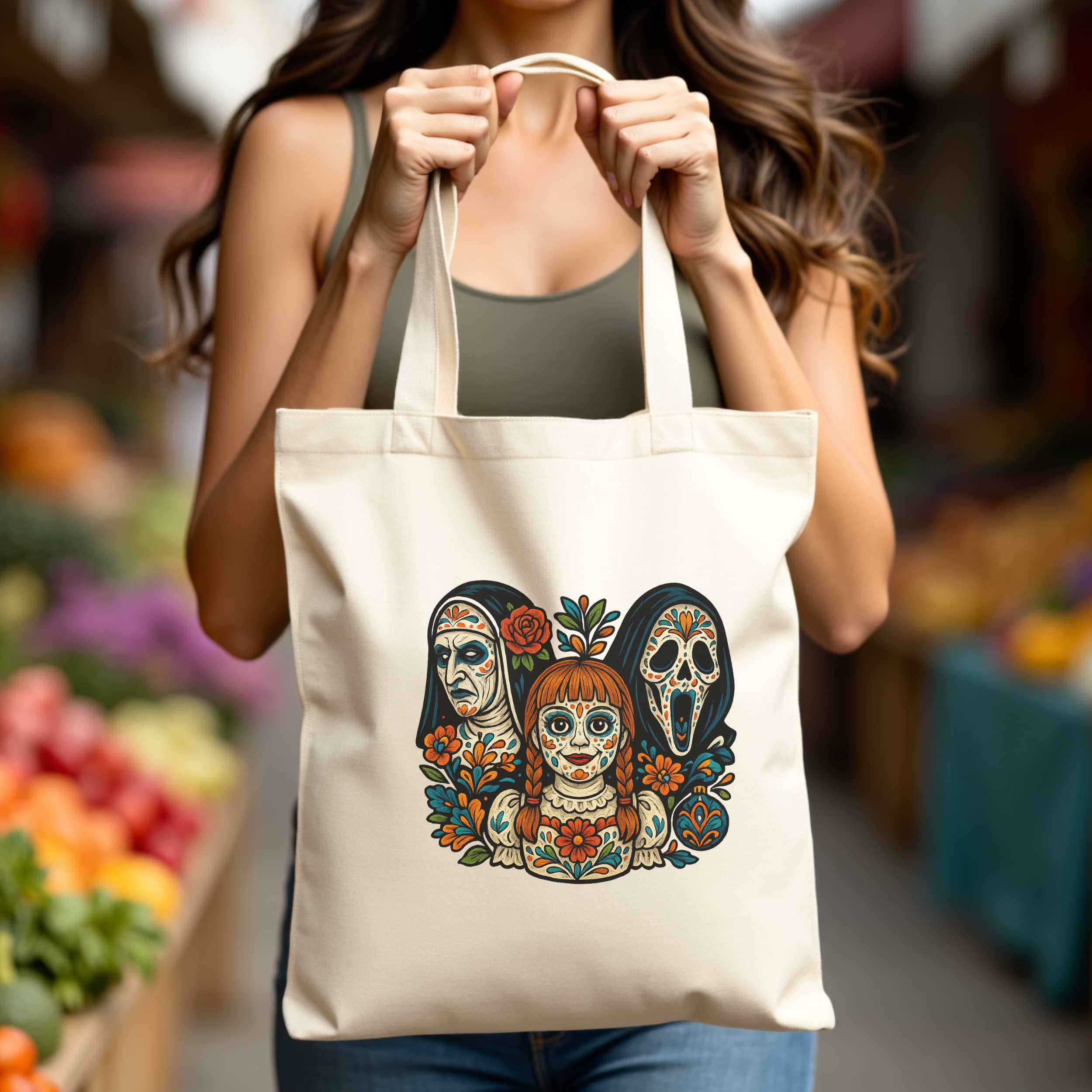 Horror Tote Bag – Día de los Muertos Inspired Canvas Bag with Ghostface & La Llorona Fusion Art, Latina Spooky Tote