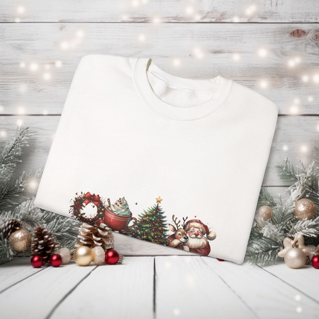 Christmas Basics Crewneck Sweatshirt – Cozy Unisex Holiday Sweater with Santa, Rudolph, Hot Cocoa & Christmas Tree