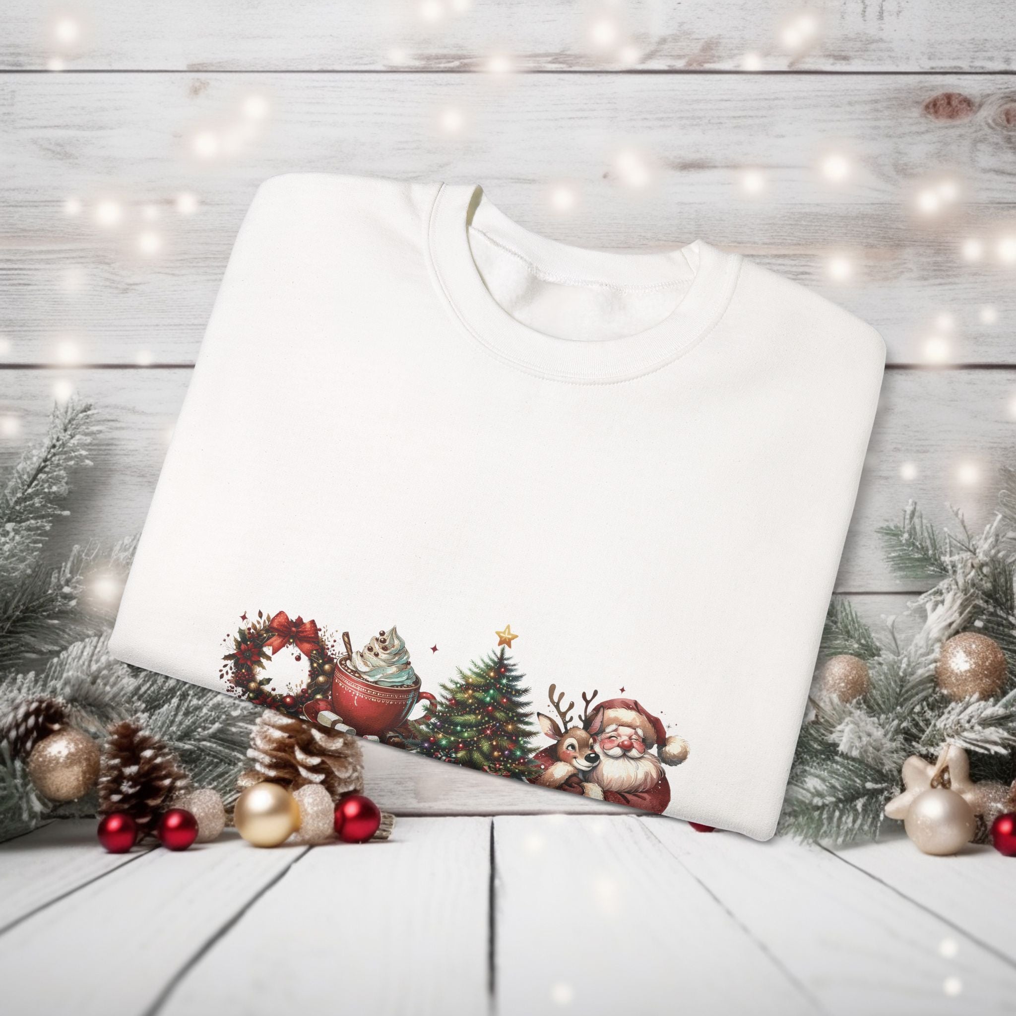 Christmas Basics Crewneck Sweatshirt – Cozy Unisex Holiday Sweater with Santa, Rudolph, Hot Cocoa & Christmas Tree