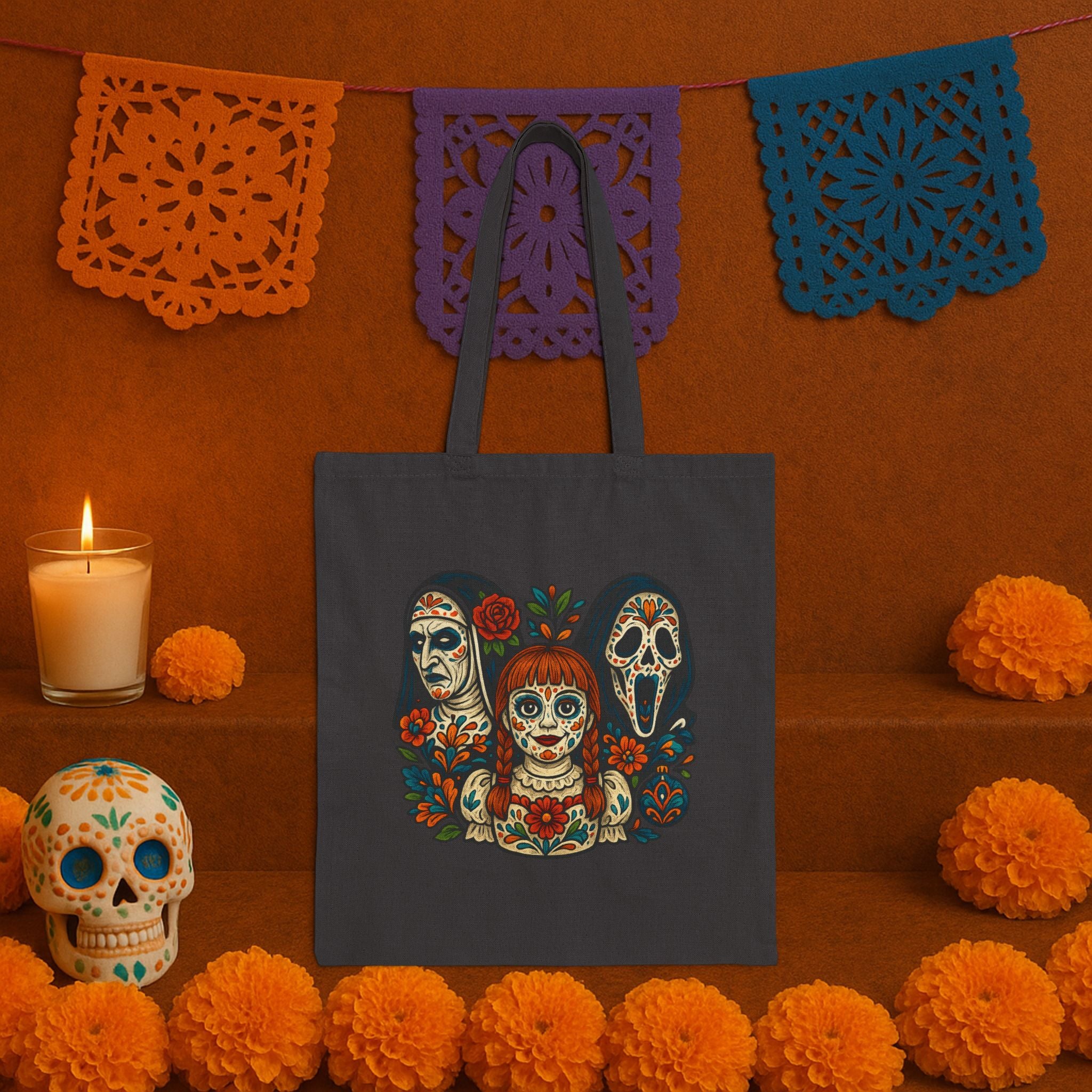 Horror Tote Bag – Día de los Muertos Inspired Canvas Bag with Ghostface & La Llorona Fusion Art, Latina Spooky Tote