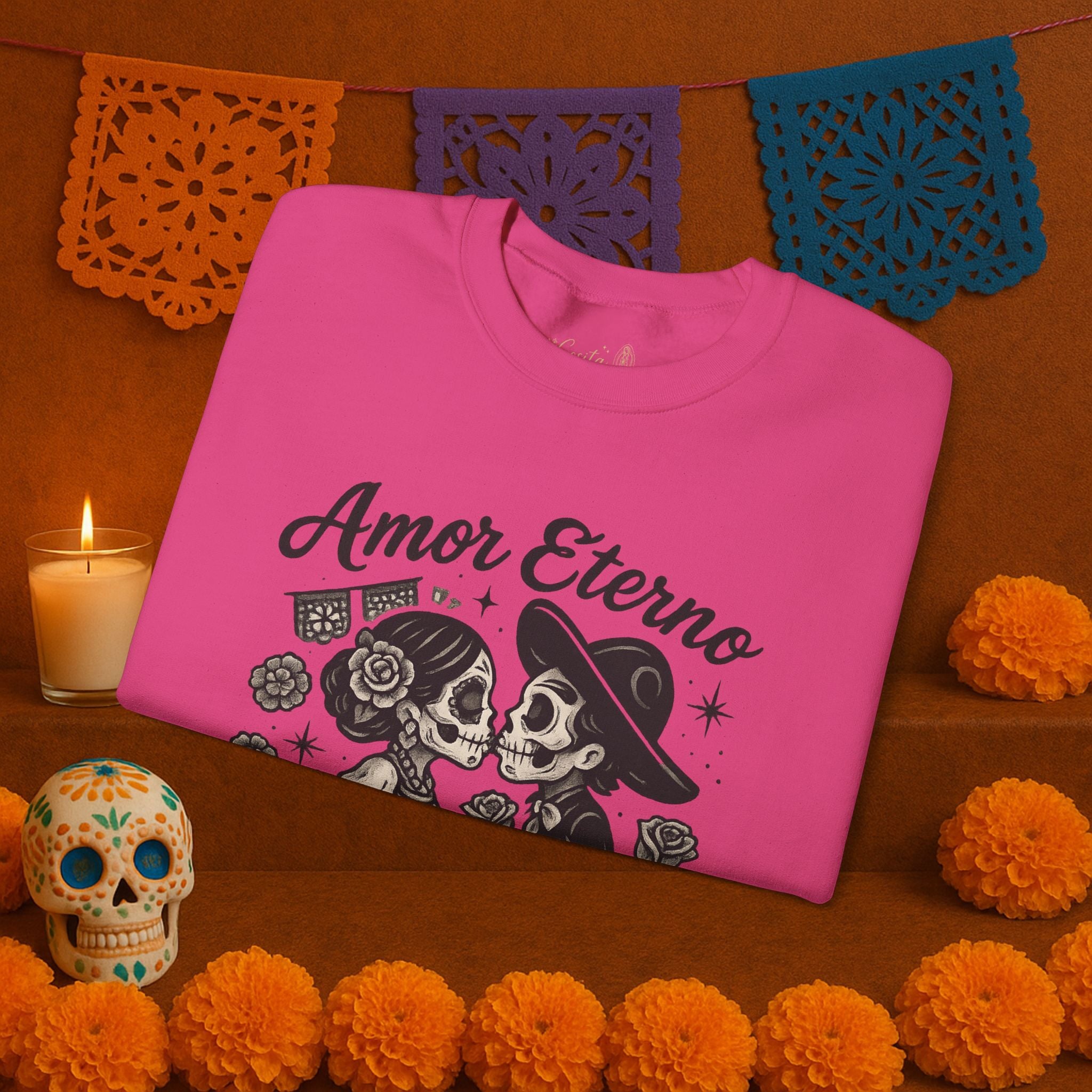 Amor Eterno Sweatshirt – Chicano Style Día de los Muertos Crewneck, Eternal Love Calavera Graphic, Latino Cultura Sweater