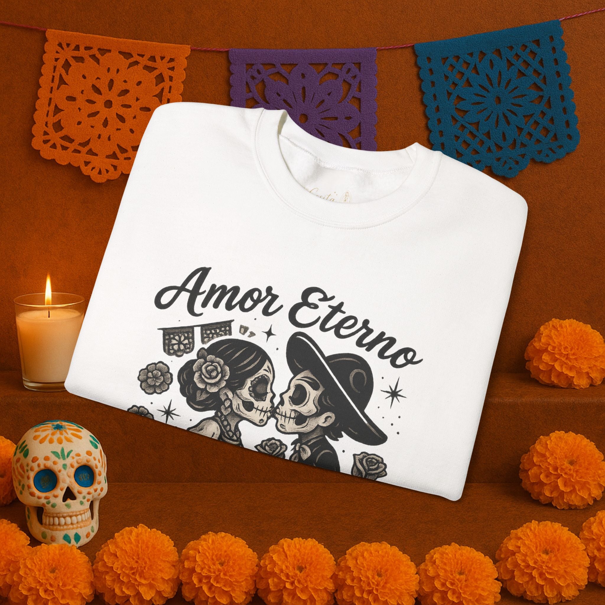 Amor Eterno Sweatshirt – Chicano Style Día de los Muertos Crewneck, Eternal Love Calavera Graphic, Latino Cultura Sweater